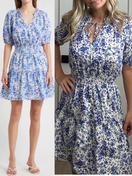 Rails Dresses & Skirts - Rails Fiorella Dress Blue Marguerite Peplum Sleeves Shirred Waist Cottagecore